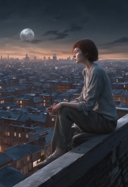 a woman looks like a zombie sitting on the roof, 1 girl, masterpiece, best quality, best quality, full body, bionic skin, pale skin, dead eyes, bionic face, blank stare, scars, blood, damage, hairs, cry, finely detailed, extremely detailed CG unity 8k wallpaper, night sky with stars and moon, empty city