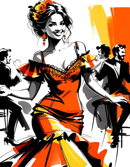 inksketch, young brunette in flamenco dress, naughty eyes, mischevious smile, dynamic angle, orange and yellow