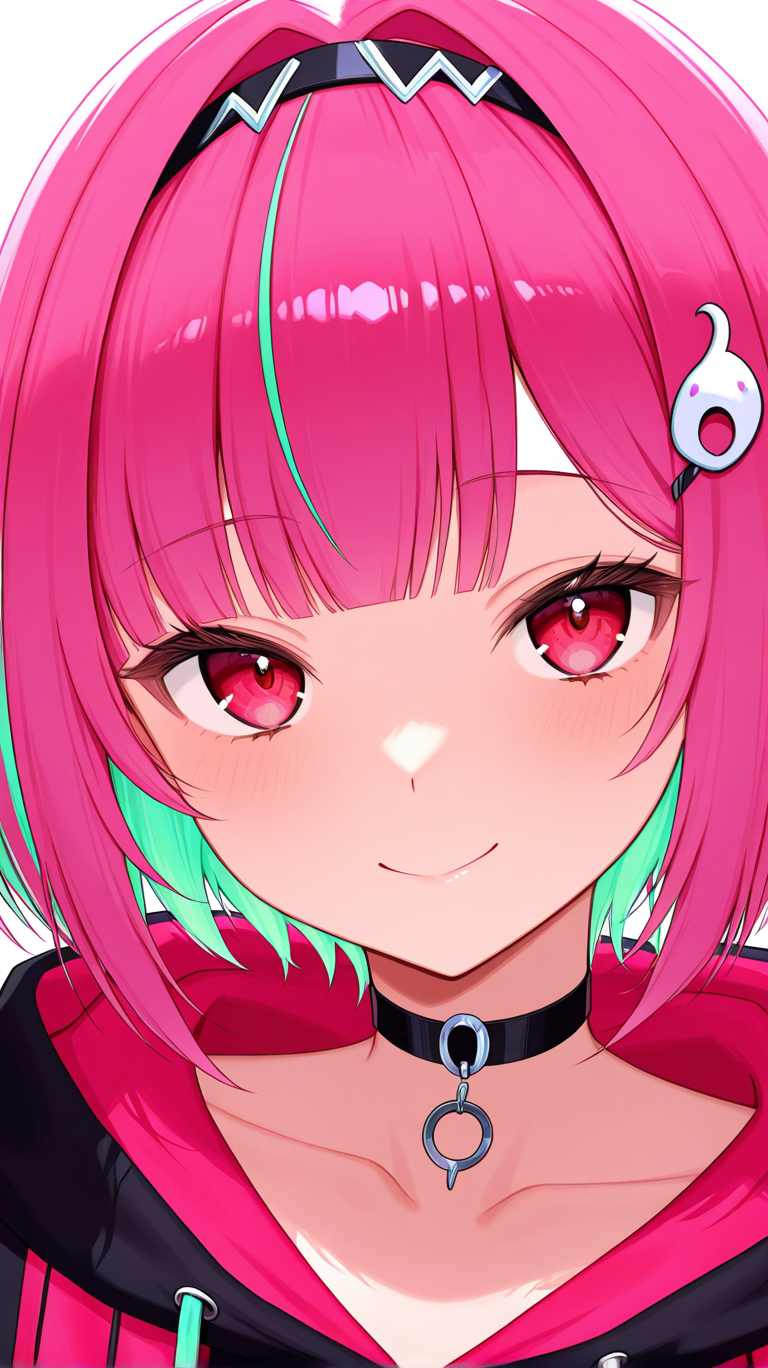 1girl, solo, looking_at_viewer, smile, short_hair, bangs, simple_background, hair_ornament, red_eyes, white_background, closed_mouth, collarbone, upper_body, pink_hair, multicolored_hair, hairband, green_hair, choker, hairclip, virtual_youtuber, hood, pink_eyes, two-tone_hair, hoodie, black_choker, bob_cut, hood_down, black_hairband, portrait, yellow_bow, colored_inner_hair, black_hoodie, octopus