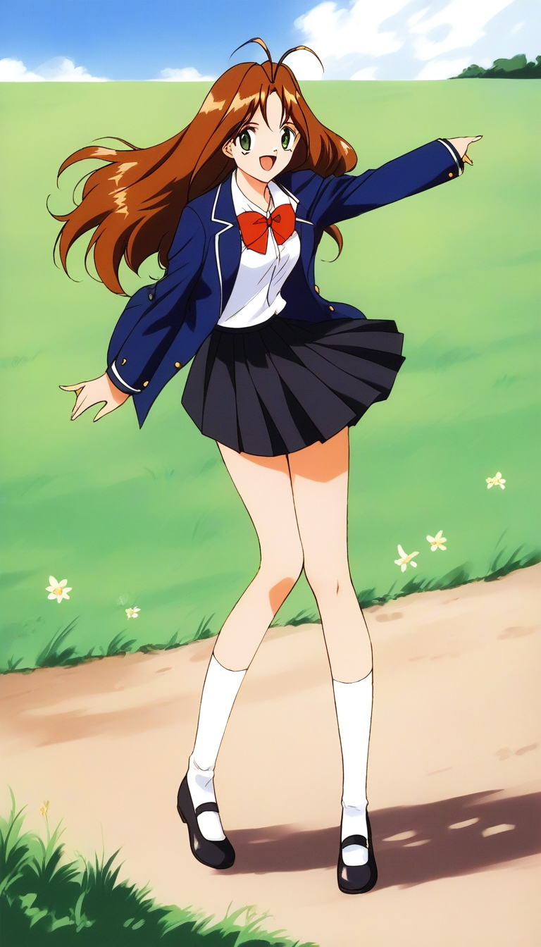 score_9, score_8_up, score_7_up, source_anime, rating_explicit, BREAK <lora:Tanima_Yuri_XL:1>Tanima_Yuri, 1girl, solo, long hair, brown hair, green eyes, antenna hair, breasts, 1990s (style), smile,
solo, full body, skirt, mary janes, shoes,long sleeves, open mouth, 
black footwear, standing, pleated skirt, looking at viewer, socks, black skirt, smile, 
white socks, miniskirt, black eyes, school uniform, bow, bangs, jacket, white background, bowtie,
grass, sky, day,