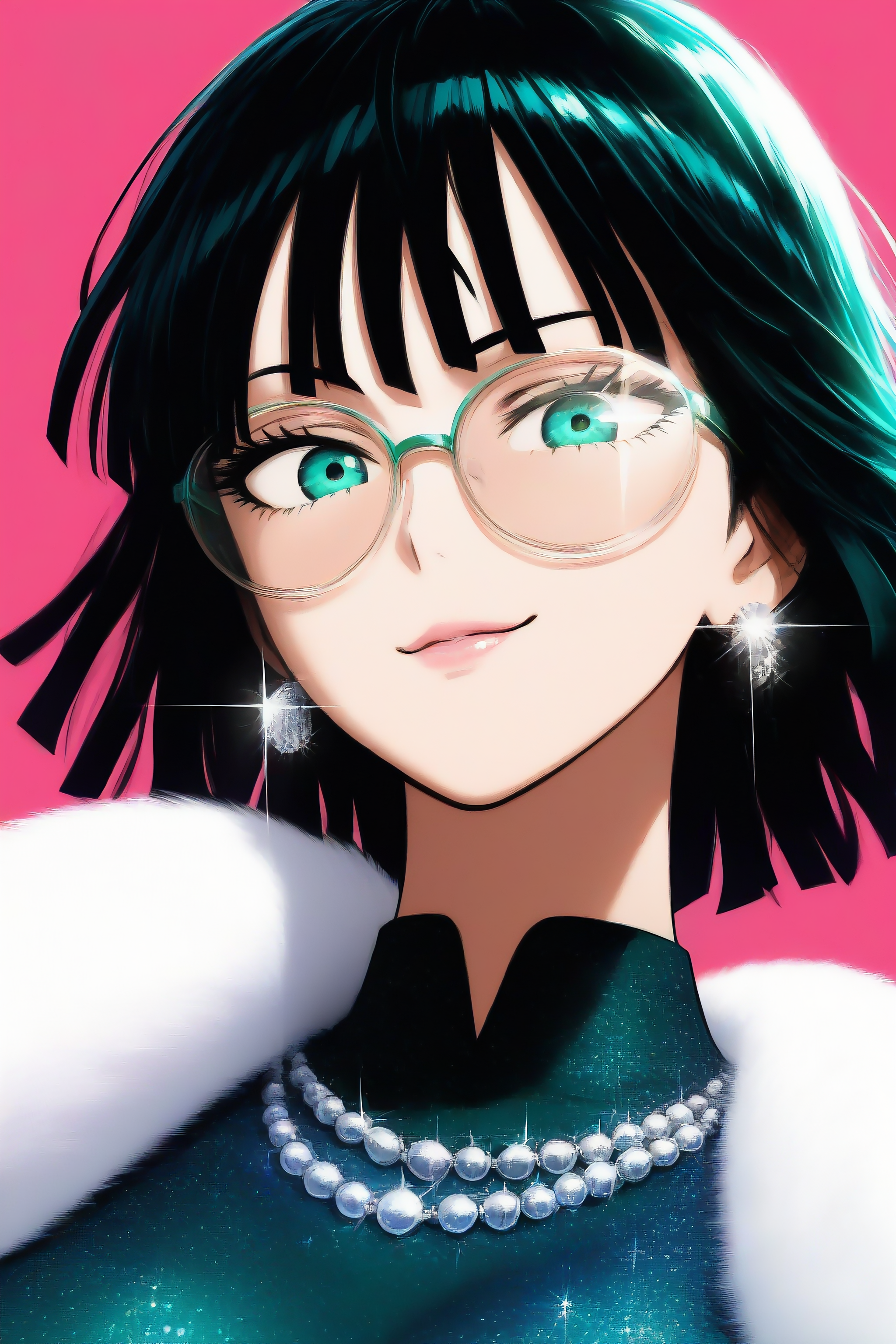 1girl, mature female, fubuki \(one-punch man\), one-punch man, murata yuusuke, anime coloring, sensitive, 

idol, (glitter, glint:1.6), head tilt, fashion, cover page, 

green hair, black hair, short hair, blunt bangs, blunt ends, green eyes,  

round eyewear, round glasses,  green-framed eyewear, round glasses, white-tinted eyewear, looking at viewer, 

smile, lipstick, lipgloss, 

jewelry, silver earrings, 

fur shawl, white fur, 

pearl necklace, 

green dress, taut dress, collared dress, high collar, 

portrait, solo, (from below:0.9), (from side:0.8), 

simple background, (pink background:1.2), white background, 

masterpiece, best quality, very awa, absurdres, highres, newest