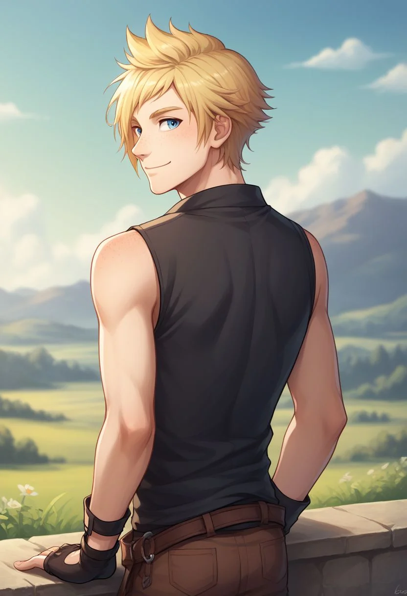 score_9, score_8_up, source_anime, highly detailed, 1boy, solo, male_focus,
prompto, 1boy, male focus, solo, blue eyes, blonde hair, gloves, fingerless glovesboots, freckles, looking back, shirt, sleeveless, smile,
outdoor,