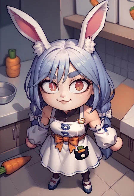 score_9, score_8_up, score_7_up, score_6_up BREAK pekomamadef,thick eyebrows, bunny-shaped pupils, rabbit ears, animal ear fluff, apron, dress, detached sleeves, bow, carrot hair ornament,necoarccon,slit pupils, cat ears, :3, chibi <lora:necoarccon-guy-PONYv1:1> <lora:sppekomamadefXLPony:0.8>
