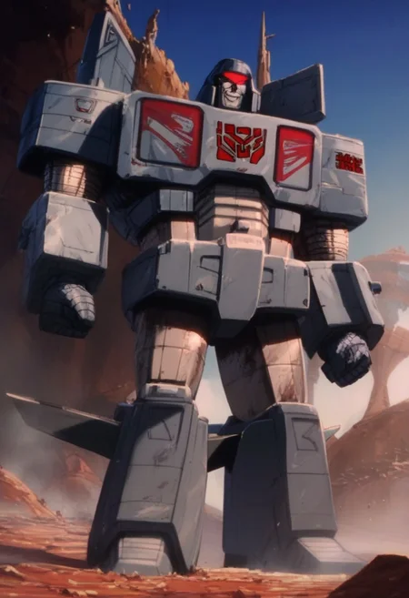 score_9, score_8_up, score_7_up, animation, transformers, 1boy, robot, Decepticon, Tall, bulky, Seeker, glowing eyes, red eyes, large eyes, circular eyes, Black armor, Forard swept wings, transforms into futuristic Stelth Mig Fighter Jet, full body, cowboy shot, smiling, holding null ray blasters, Decepticon Symbol