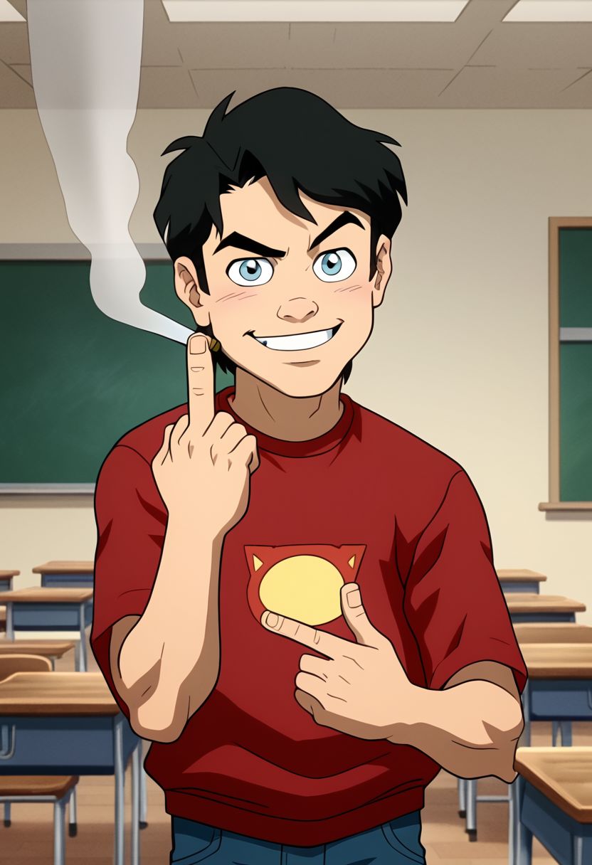High Quality,  Billy batson, small body, solo, 1boy, black hair, blue eyes, red tshirt, bluejeans, young, smoking marijuana, ecstasy face, classroom, raised eyebrow, mischievous smile, looking at viewer, giving middle finger,