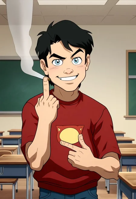 High Quality,  Billy batson, small body, solo, 1boy, black hair, blue eyes, red tshirt, bluejeans, young, smoking marijuana, ecstasy face, classroom, raised eyebrow, mischievous smile, looking at viewer, giving middle finger,