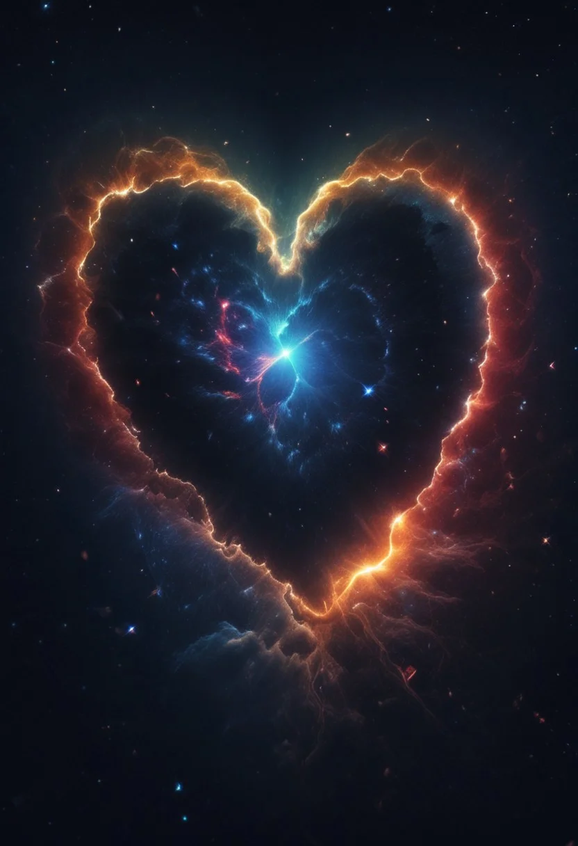 very dramatic lighting, behind is a universe of love. hearts, rainbows. contrasting colors, epic, fantastical, shine, toning, stars, galaxy, epic movie poster image.