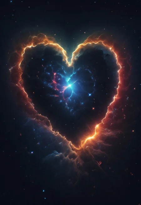 very dramatic lighting, behind is a universe of love. hearts, rainbows. contrasting colors, epic, fantastical, shine, toning, stars, galaxy, epic movie poster image.