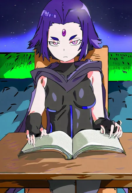 best quality, amazing quality, very aesthetic, absurdres,
BREAK
1girl, bootyattack_raven, hoodoff, hood down, purple hair, short hair, purple eyes, forehead jewel, 1girl, solo, leotard, solo, outdoors, night sky, sitting behind gothic table, open book, looking at viewer,   <lora:DoodleAnimeNoobLocon_byKonan:1>