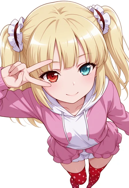 Smooth Quality,masterpiece,very intricate, high quality details, ultra realistic, high detailed skin,detailed enviorement,absurdres,
v over eye,
 <lora:Kobato_Hasegawa_CNR:0.8> kobato_cnr, hasegawa kobato, 1girl, blonde hair, two side up, heterochromia, red eyes, blue eyes,, simple background, white background, from above,solo,, ^ ^,, waistcoat   ,hoodie,hobble skirt,  ,polka dot legwear thighhighs,