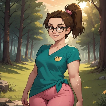 score_9, score_8, BREAK, solo, tied shirt, pink pants, glasses, brown hair, ponytail, mole under mouth, button badges, plump, curvy, sneakers, total drama, Beth_(Total_Drama), cute, breasts, sexy pose, self portrait, smile, outdoors, sunlight, shadows, evening lighting, natural lighting, forest, trees, grass, orange sky, sunset