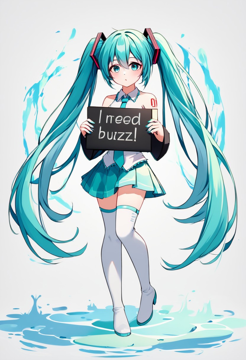 need_buzz, holding sign with one hand besides her body to show her body without obstruction, hatsune miku, absurdly long hair,aqua hair,twintails,hair ornament,sidelocks,, dancing breakdance, bangs, aqua eyes, white shirt,collared shirt,bare shoulders,sleeveless shirt, strapless shirt, aqua necktie,detached sleeves,black sleeves,shoulder tattoo,fringe,white thighhighs,miniskirt,pleated skirt,zettai ryouiki,thigh boots