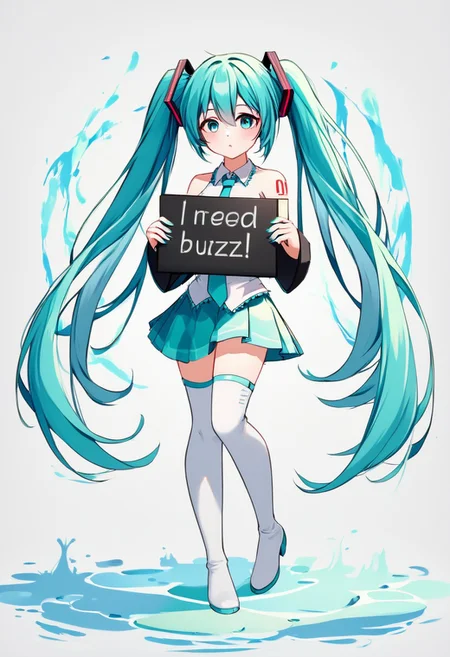 need_buzz, holding sign with one hand besides her body to show her body without obstruction, hatsune miku, absurdly long hair,aqua hair,twintails,hair ornament,sidelocks,, dancing breakdance, bangs, aqua eyes, white shirt,collared shirt,bare shoulders,sleeveless shirt, strapless shirt, aqua necktie,detached sleeves,black sleeves,shoulder tattoo,fringe,white thighhighs,miniskirt,pleated skirt,zettai ryouiki,thigh boots