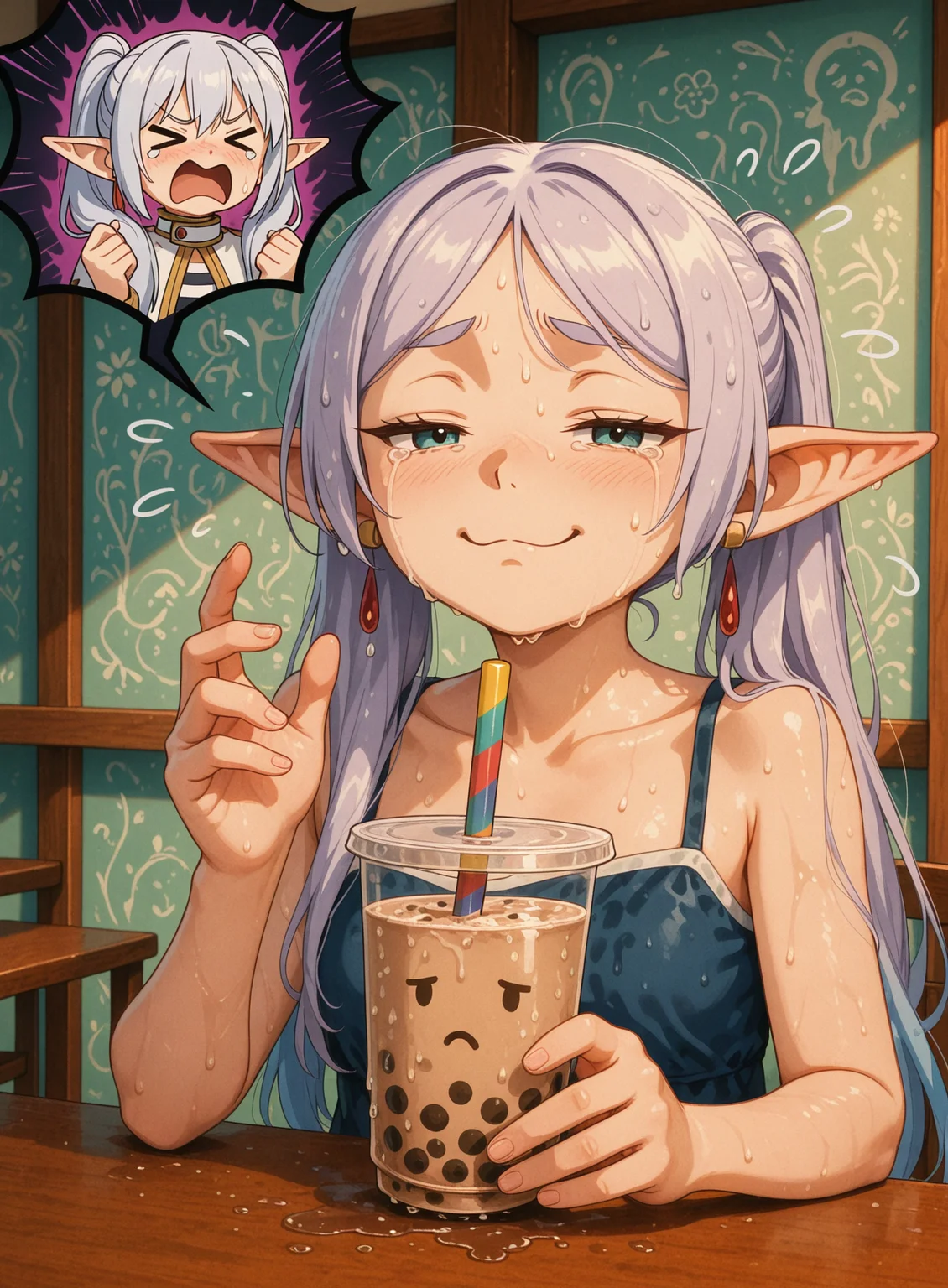 masterpiece, best quality, amazing quality, very aesthetic, absurdres, newest, aura_\(sousou no frieren\), frieren_\(sousou no frieren\), aqua_\(konosuba\), bubble tea, bubble_tea_explosion, thrown_drink, liquid_splash, dripping_liquid, wet_clothes, soaked, messy, crying, emotional_damage, xd_face, ><_expression, tears, sad_expression, frieren_throwing, smug_expression, looking_at_viewer, aura_sitting, aqua_background, aura_crying, cafe_interior, cinematic_lighting, dynamic_scene, dramatic_composition, 3d_render, ultra_detailed, soft_shadows, highres_face, subsurface_scattering, raytraced <lora:dmd2_sdxl_4step_lora:1>, <lora:Concept Art Ultimatum [LoRA] - NoobAI-XL EPS 1.0:0.9> <lora:bubble_tea:1>
