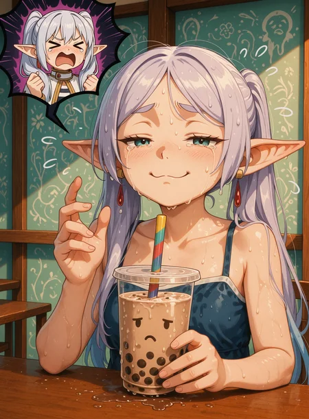 masterpiece, best quality, amazing quality, very aesthetic, absurdres, newest, aura_\(sousou no frieren\), frieren_\(sousou no frieren\), aqua_\(konosuba\), bubble tea, bubble_tea_explosion, thrown_drink, liquid_splash, dripping_liquid, wet_clothes, soaked, messy, crying, emotional_damage, xd_face, ><_expression, tears, sad_expression, frieren_throwing, smug_expression, looking_at_viewer, aura_sitting, aqua_background, aura_crying, cafe_interior, cinematic_lighting, dynamic_scene, dramatic_composition, 3d_render, ultra_detailed, soft_shadows, highres_face, subsurface_scattering, raytraced <lora:dmd2_sdxl_4step_lora:1>, <lora:Concept Art Ultimatum [LoRA] - NoobAI-XL EPS 1.0:0.9> <lora:bubble_tea:1>