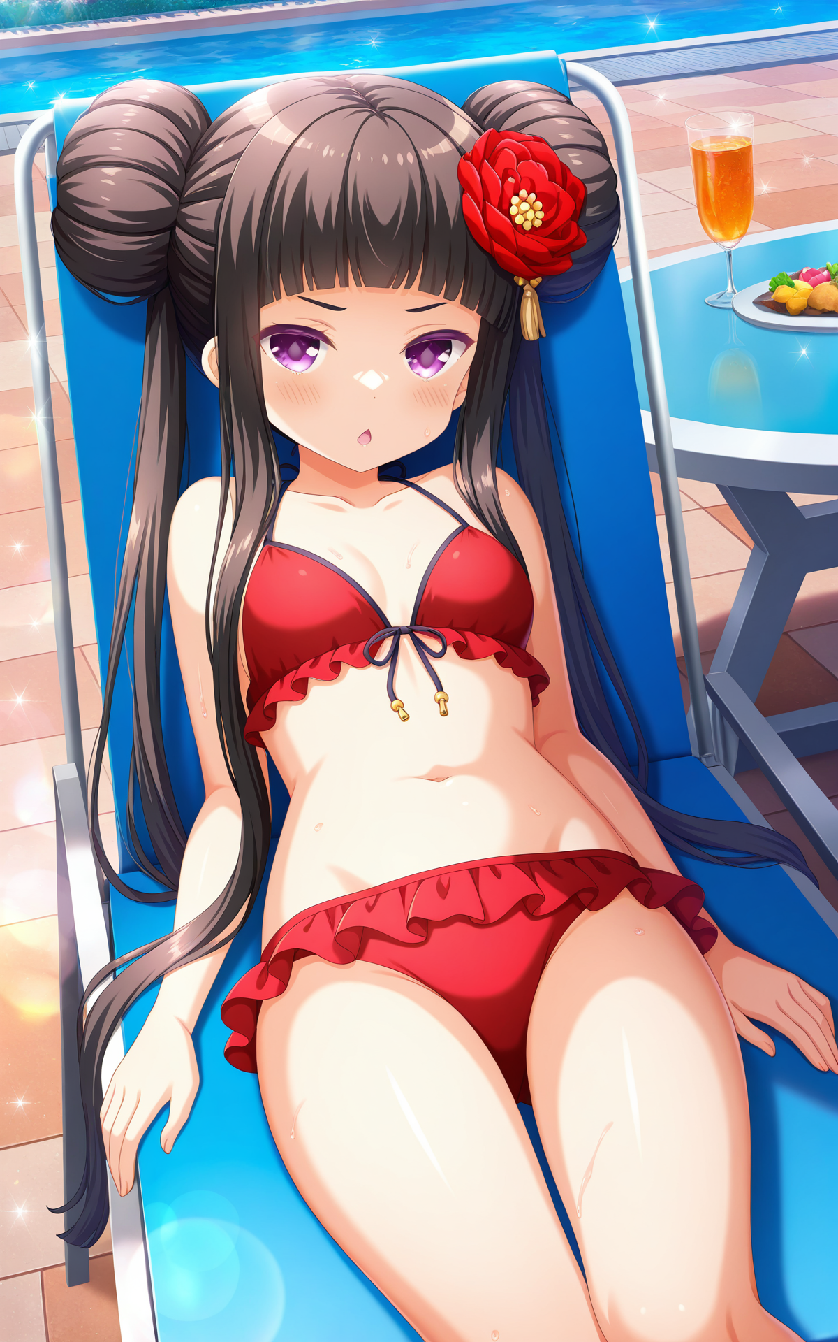 masterpiece,best quality,good quality,newest,4k,perfect lighting,cinematic,very aesthetic,official art,anime screencap,anime coloring,detailed fingers,outdoors,day,pool,table,food,drinking glass,
1girl,solo,shiranui isuzu,black hair,long hair,blunt bangs,purple eyes,hair ornament,hair flower,double bun,twintails,
red bikini,frilled bikini,midriff,thighs,small breasts,looking at viewer,blush,jitome,chestnut mouth,arms at sides,lying,on back,on beach chair,BREAK
<lora:ILisuzu:1>