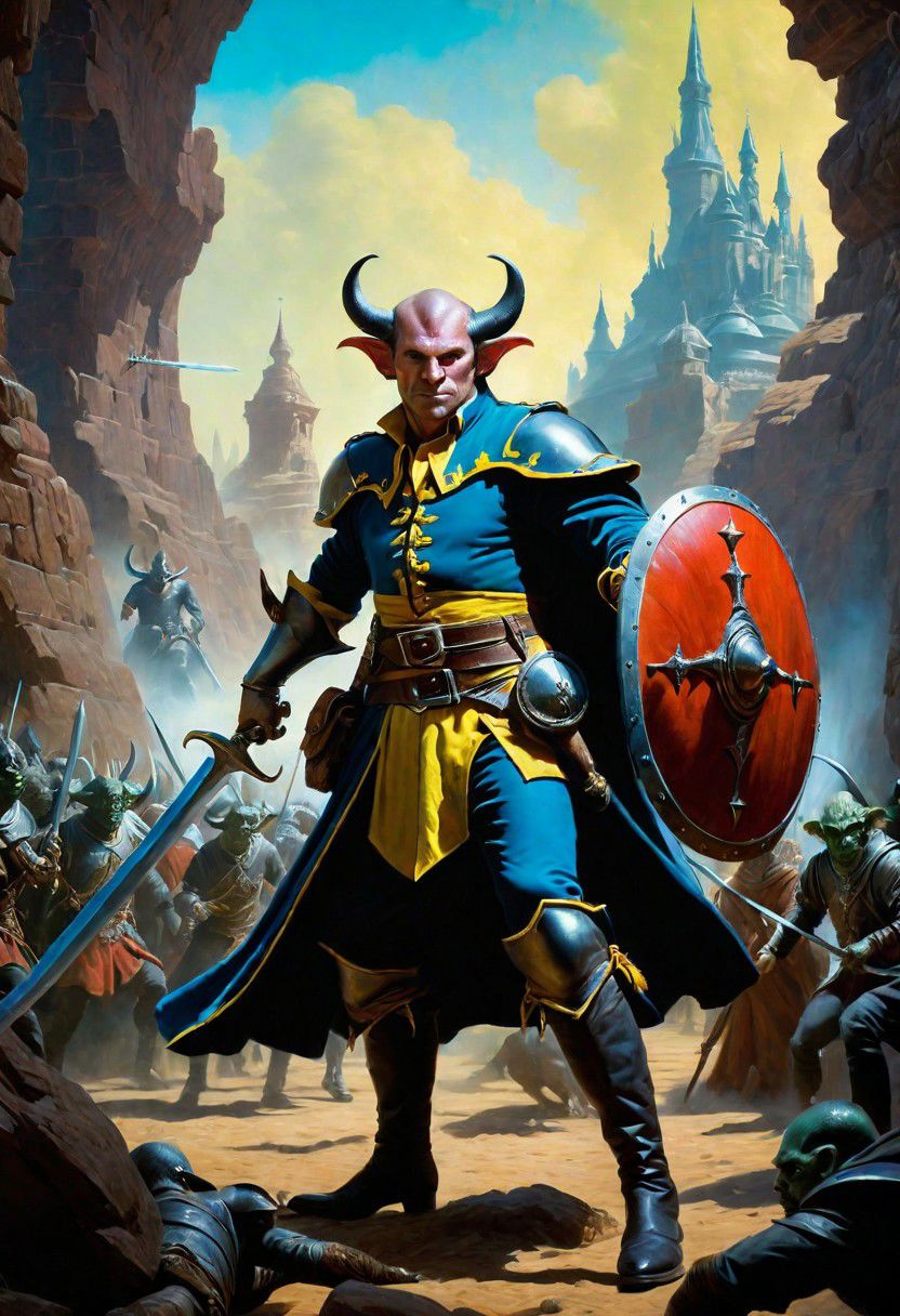 A hyperrealistic 8k photograph was captured by Sid Avery's Hasselblad camera, depicting close-up a handsome+ Tiefling shield bearer with pink+++ skin and slender build during a battle+++, surrounded by goblins++, He has a bald head, neon yellow eyes, calm++ and handsome+ and detailed face, cold smile++, mysterious and ominous aura of dark shadows enveloping the figure, Lovecraftian Horror-themed, in the artistic style of Boris Vallejo, Shadows casting an uncanny atmosphere, hints of eldritch dark energy crackling, He is dressed in a musketeer outfit, high details and era-appropriate, He is wielding a magically radiating+ Backsword+ in the right hand, and he is holding a steel shield+++ in the left hand, Backdrop (background) of a focused scene of a battle with goblins next to a crystal palace, Mysterious composition, imbued with a dark, ambient 3d warm studio backlight.