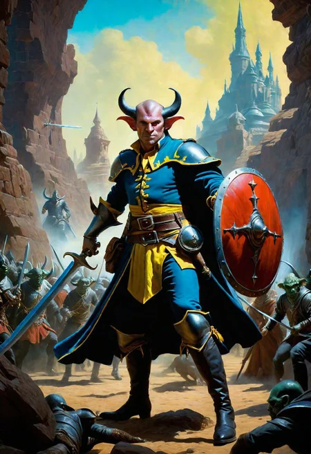 A hyperrealistic 8k photograph was captured by Sid Avery's Hasselblad camera, depicting close-up a handsome+ Tiefling shield bearer with pink+++ skin and slender build during a battle+++, surrounded by goblins++, He has a bald head, neon yellow eyes, calm++ and handsome+ and detailed face, cold smile++, mysterious and ominous aura of dark shadows enveloping the figure, Lovecraftian Horror-themed, in the artistic style of Boris Vallejo, Shadows casting an uncanny atmosphere, hints of eldritch dark energy crackling, He is dressed in a musketeer outfit, high details and era-appropriate, He is wielding a magically radiating+ Backsword+ in the right hand, and he is holding a steel shield+++ in the left hand, Backdrop (background) of a focused scene of a battle with goblins next to a crystal palace, Mysterious composition, imbued with a dark, ambient 3d warm studio backlight.