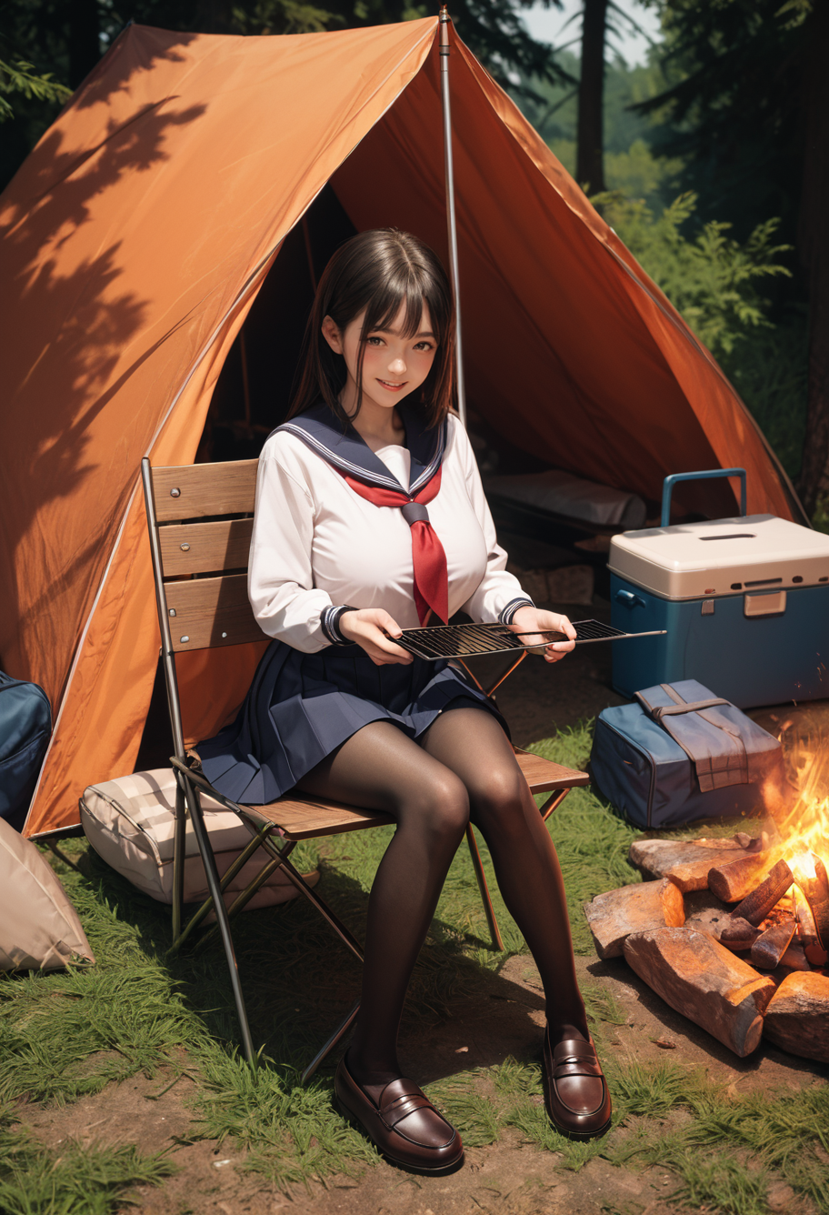 ,ruanyi1256,outdoors,campfire,tent,grill,
school uniform,pleated skirt,black pantyhose,loafers,chair,sitting,<lora:1256 camping_v1_pony:0.8>, score_9, score_8_up, score_7_up, score_6_up, score_9, score_8_up, score_7_up, score_6_up source_anime, blush, 1girl, seduce smile, perfect body , natural huge breasts