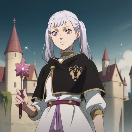 <lora:Slime'sNoelle:1>, score_9, score_8_up, score_7_up, slimes_noellesilva, solo, twintails, holding wand, castle background