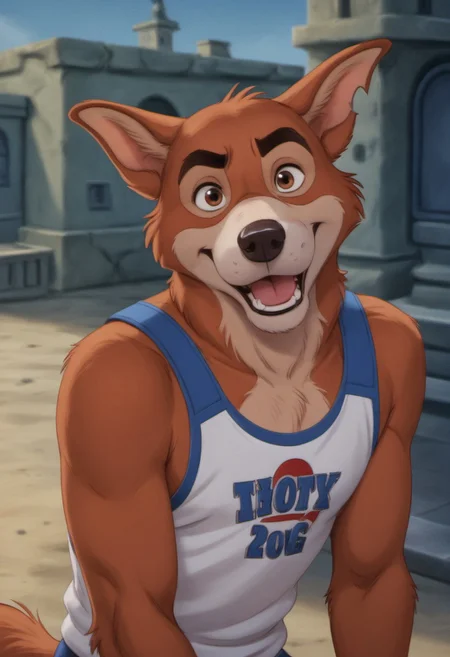 score_9, score_8_up, score_7_up, score_6_up, score_5_up, score_4_up, photorealistic, detailed eyes, detailed face, BlckSd-Style, blacksad, solo, 1 boy, D0n_K1, Don Karnage, Talespin, Disney, anthro canine, cartoon canine, orange fur, tail, white snout, tan eye markings, tan toes, tan inner-ears, dog ears, tan tail-tip, dog ears, notched ear, scared-left ear, thick eyebrows, black eyebrows, thick neck, shortstack, muscular, white sclera, black eyes,