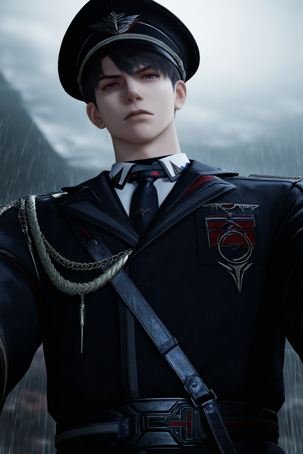 <lora:caleb-NAI:0.7>,caleb, 1boy, male focus, solo, short hair, looking at viewer, shirt, purple eyes, white shirt, upper body, necktie, jacket, black necktie, Farspace Colonel, blurry, collared shirt, uniform, blurry background, belt, hat, military, military uniform, military hat, peaked cap,serious, looking down, black headwear, from below, rain, black hair, yaoi,bara,male focus,very awa,masterpiece,best quality,amazing quality,nsfw,uncersored,highres,best quality,amazing quality,best aesthetic,absurdres,