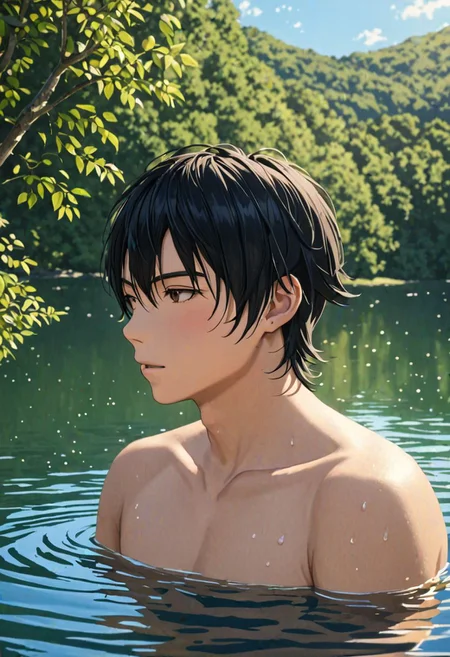 Highres, Masterpiece, High Quality, 4K, Yuusuke Fujisaki, 1boy, solo, black hair, shirtless, Swimming, natural lake, Realistic Light, potrait, Candid Photo