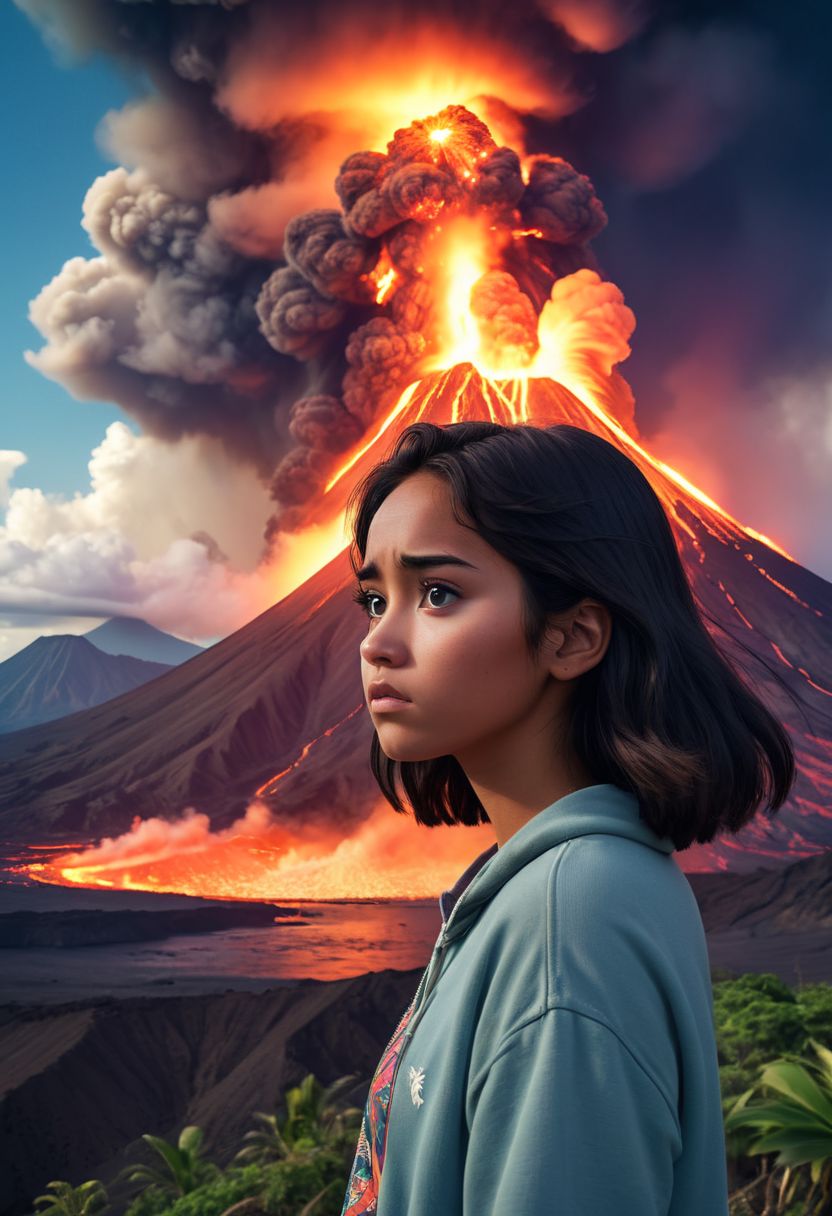 beautiful 18yo hawaiian girl, staring into the caldera of an erupting volcano, dramatic. Analog Color Theme, Lo-Fi Hip Hop , retrospective, flat, 2.5D,