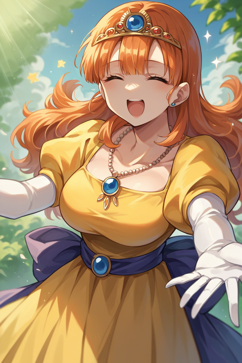 score_9, score_8_up, score_7_up, score_6_up, source_anime, 1girl, solo  <lora:dqlaura-pdxl-nvwls-v1-000005:1> dqlaura, orange hair, tiara, necklace, yellow dress, puffy sleeves, elbow gloves, white gloves, big breasts, happy, closed eyes, open mouth, incoming hug, outstretched arms