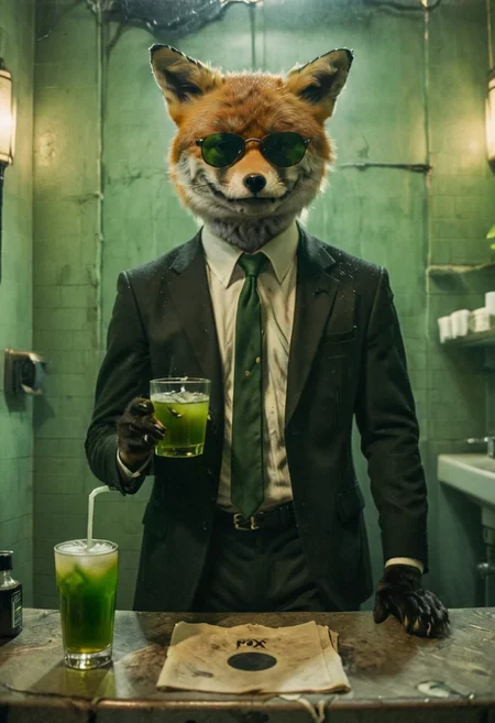 Pulp Fiction style, high-contrast, subtle grain, cinematic quality, stonerfox stnerfx wearing a 70s black Suit with tie and Cinematic 1992 image focus of a fox in a suit and sunglasses holding a drink,, natural fur texture, realistic skin texture, Green used 70s bathroom, limited dark palette, vibrant colors, faded, atmospheric haze, highly dramatic cinematic lighting, motion blur, film grain, professional, excellent composition, finest details, maximized details, ultimate detail level, masterpiece, best quality, ISO 300, 1/250s, F/2,8, 38 mm, extremely high quality RAW photograph, 4k, sharp focus, high resolution, 8k UHD, DSLR, high quality, film grain, Fujifilm XT3