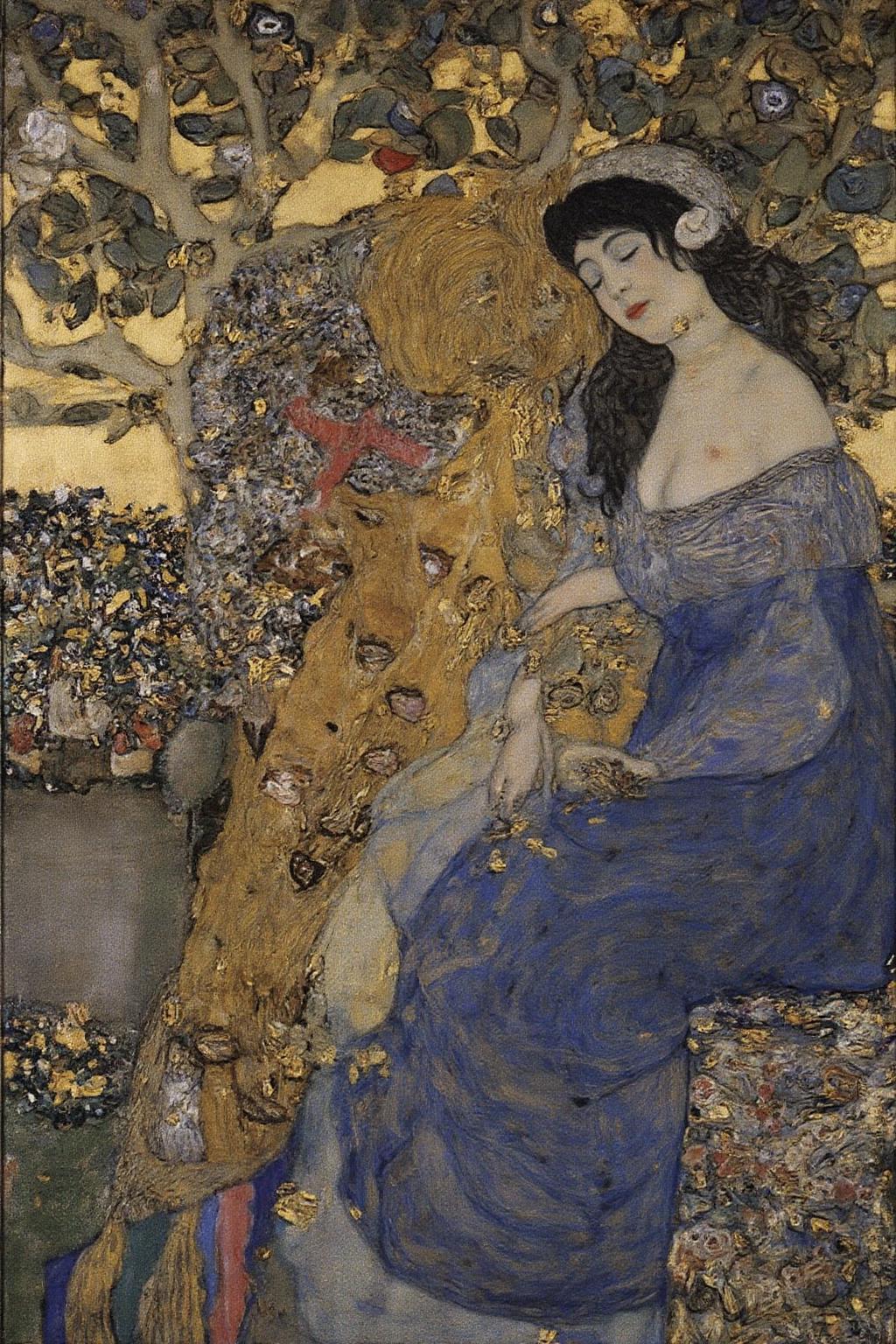 kl1mt painting. A blonde knight and a lady sitting under a tree. The lady has dark hair and is wearing a blue dress. The knight is sleeping with his head on the leg of the lady  <lora:kl1mt_cap_d6a3e12:1.0><lora:823307761631713078:0>