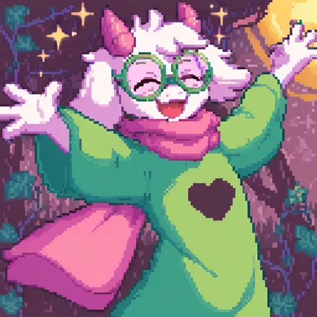 pixel-art score_9,score_8_up,score_7_up,score_6_up,score_5_up,score_4_up, solo anthro, RalseiWhite, upper body, boy, (Pink eyes), green robe, pink scarf, pink horns, White fur, ((round glasses, Green glasses)), (happy, dancing), <lora:Ralsei B-W-000016:1>, forest background <lora:pixelbuildings128-v2:0.85> . low-res, blocky, pixel art style, 8-bit graphics