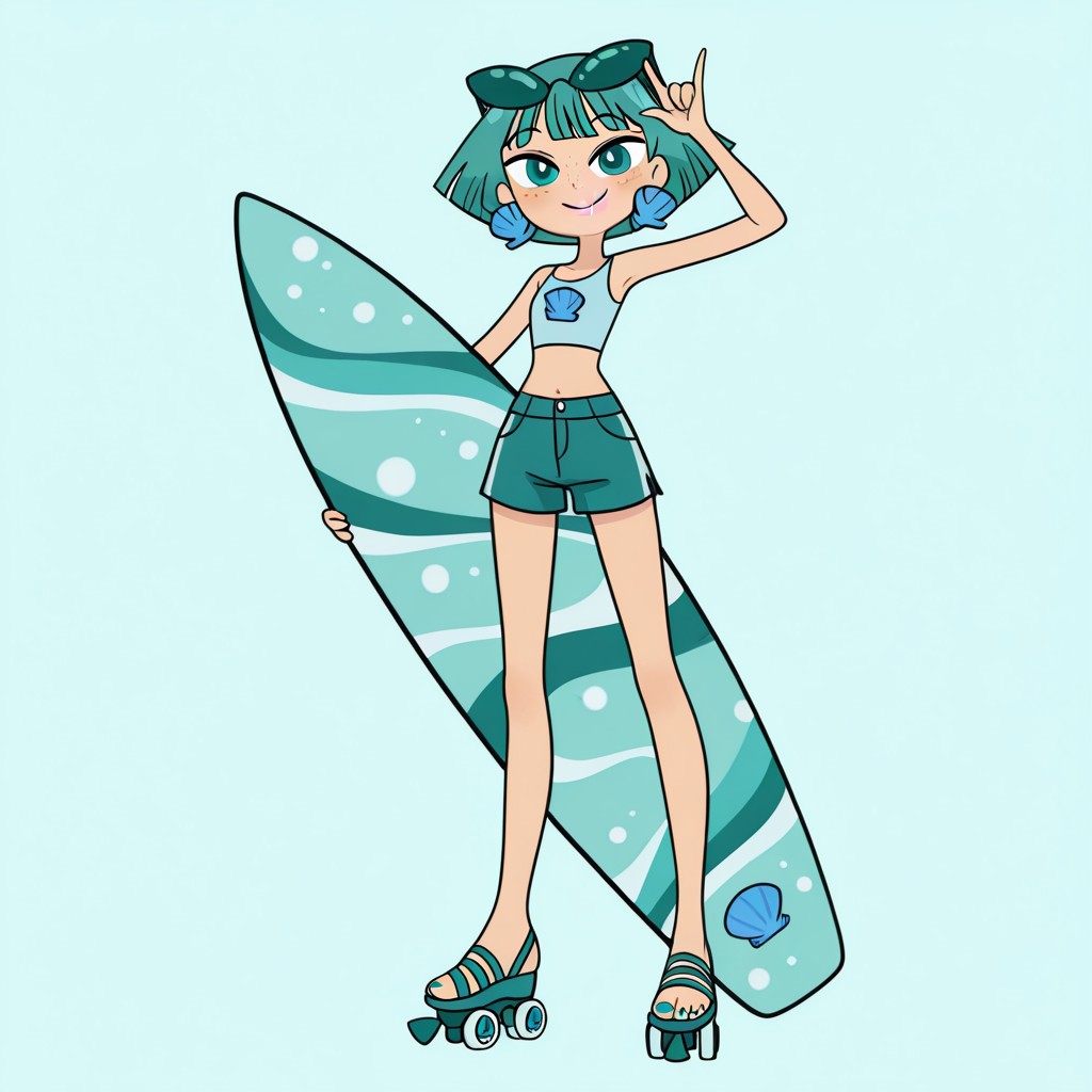 masterpiece, best quality, amazing quality, 
perfect cute face, on model, accurate art style, cartoon screencap, show accurate, neptunemwatgg, 1girl, solo, freckles, aqua hair, short hair, aqua eyes, light pink lipstick, shell earrings, light blue crop top, aqua shorts, blue toenail polish, open toed shoes, aqua roller skates, aqua sunglasses, sunglasses on head, full body, looking at viewer, smile, standing, shaka sign, holding surfboard, simple background