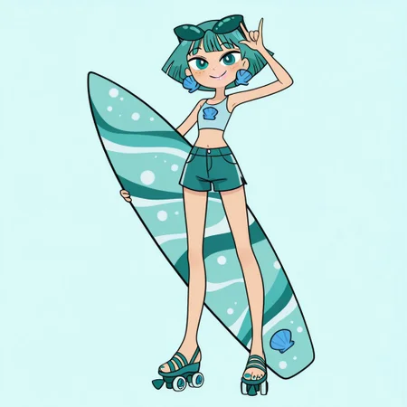 masterpiece, best quality, amazing quality,
perfect cute face, on model, accurate art style, cartoon screencap, show accurate, neptunemwatgg, 1girl, solo, freckles, aqua hair, short hair, aqua eyes, light pink lipstick, shell earrings, light blue crop top, aqua shorts, blue toenail polish, open toed shoes, aqua roller skates, aqua sunglasses, sunglasses on head, full body, looking at viewer, smile, standing, shaka sign, holding surfboard, simple background