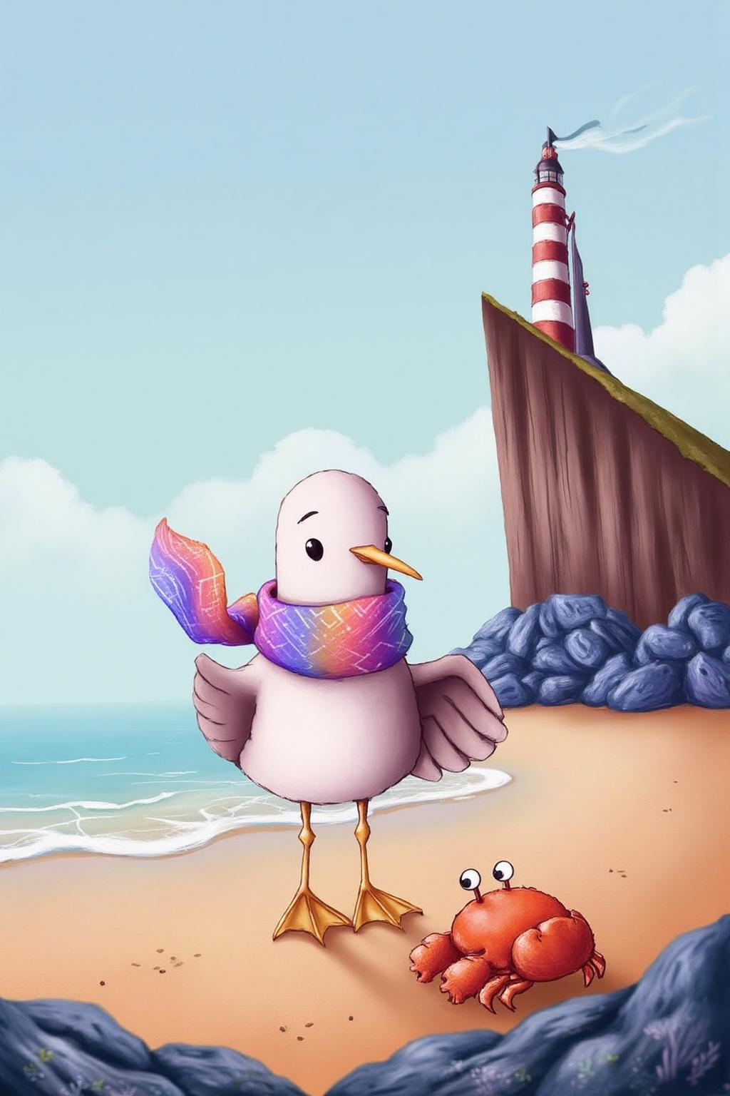 illustration.
A serene seaside scene featuring an anthropomorphic seagull and a small, expressive crab. The seagull, standing on the sandy beach, is wearing a colorful, striped scarf with hues of blue, purple, and pink, which it appears to be holding or examining. <lora:alicesa1_cap_d6a3:1.0><lora:830691755306373775:0>