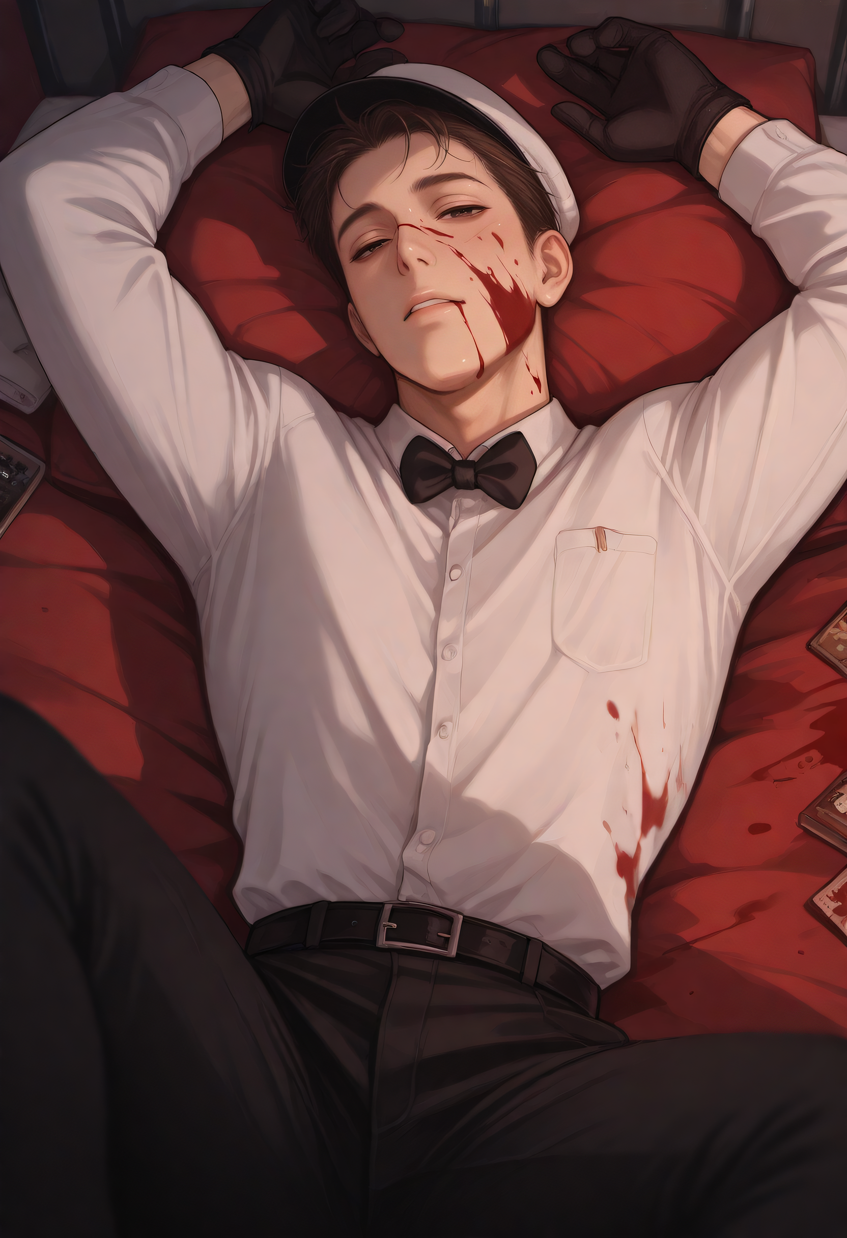 embedding:Illustrious\Positive\IllustriousQual, embedding:Illustrious\Positive\IllusP0s, 1boy, tnmn_milkman, baggy eyes, lying on bed, bloody, blood on face, blood on body, pants, white shirt,long sleeves, uniform, hat, bowtie, belt, gloves, dynamic angle, best quality, masterpiece, high resolution.