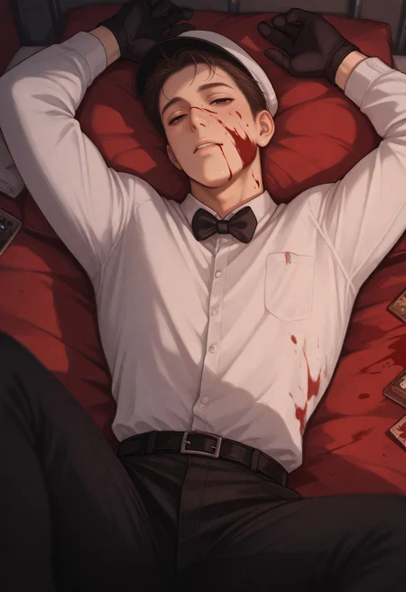 embedding:Illustrious\Positive\IllustriousQual, embedding:Illustrious\Positive\IllusP0s, 1boy, tnmn_milkman, baggy eyes, lying on bed, bloody, blood on face, blood on body, pants, white shirt,long sleeves, uniform, hat, bowtie, belt, gloves, dynamic angle, best quality, masterpiece, high resolution.
