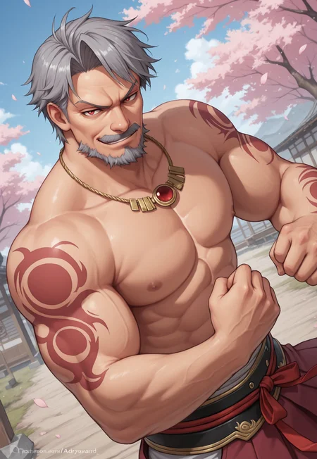 masterpiece, best quality, amazing quality, AdrayLasbard, mature male, grey hair, short hair, red eyes, facial hair, mustache, necklace, shirtless, muscular, arm tattoos, belt, hakama, upper body, detailed background, dynamic pose, open field, sakura trees, blue sky, dutch angle, petals on the wind, looking at viewer, smirk, cowboy shot, fighting stance,