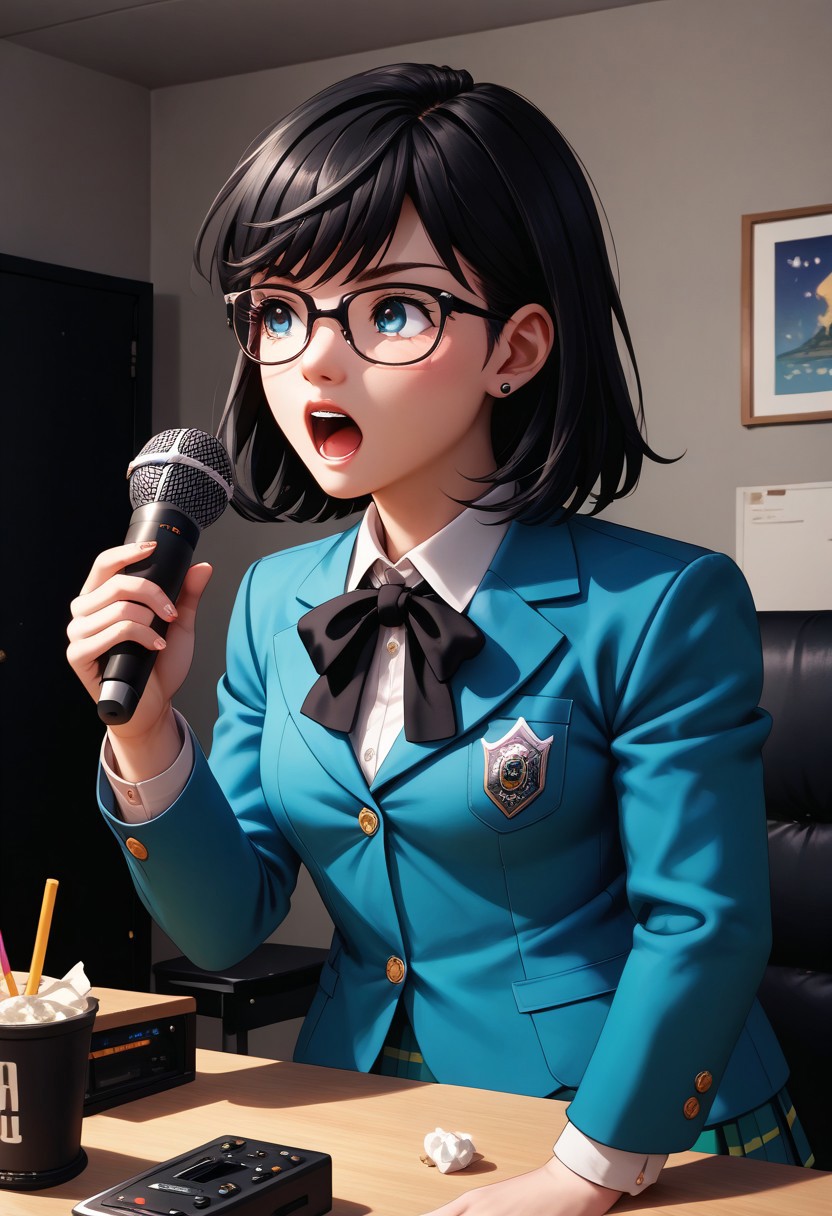 (score_9, score_8_up, score_7_up, highest score, best quality:1.2), zPDXL3, NEGATIVE_HANDS, detail1eye, hi-res. 8k, source_anime BREAK 1girl, reikoif, medium hair, black hair, blazer, pleated skirt, glasses, white socks, holding microphone, open mouth BREAK karaokeroom, AT-CLM7000TX, microphone, denmoku, table, couch, screen, joypad (indoors:1.3), front view, sharp colors, perfect face, perfect hands, perfect eyes, (detailed realistic background:1.3), (high quality:1.1), (ultra detailed:1.4), <lora:pony_good_hands:0.7>, <lora:add-detail-xl:1>, <lora:xl_more_art-full_v1:0.5>