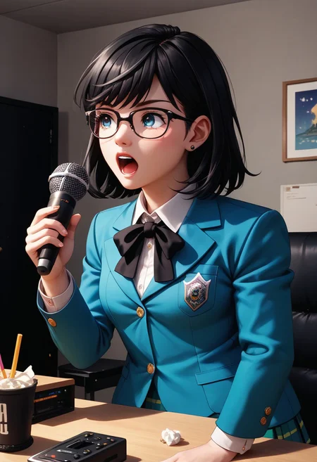 (score_9, score_8_up, score_7_up, highest score, best quality:1.2), zPDXL3, NEGATIVE_HANDS, detail1eye, hi-res. 8k, source_anime BREAK 1girl, reikoif, medium hair, black hair, blazer, pleated skirt, glasses, white socks, holding microphone, open mouth BREAK karaokeroom, AT-CLM7000TX, microphone, denmoku, table, couch, screen, joypad (indoors:1.3), front view, sharp colors, perfect face, perfect hands, perfect eyes, (detailed realistic background:1.3), (high quality:1.1), (ultra detailed:1.4), <lora:pony_good_hands:0.7>, <lora:add-detail-xl:1>, <lora:xl_more_art-full_v1:0.5>