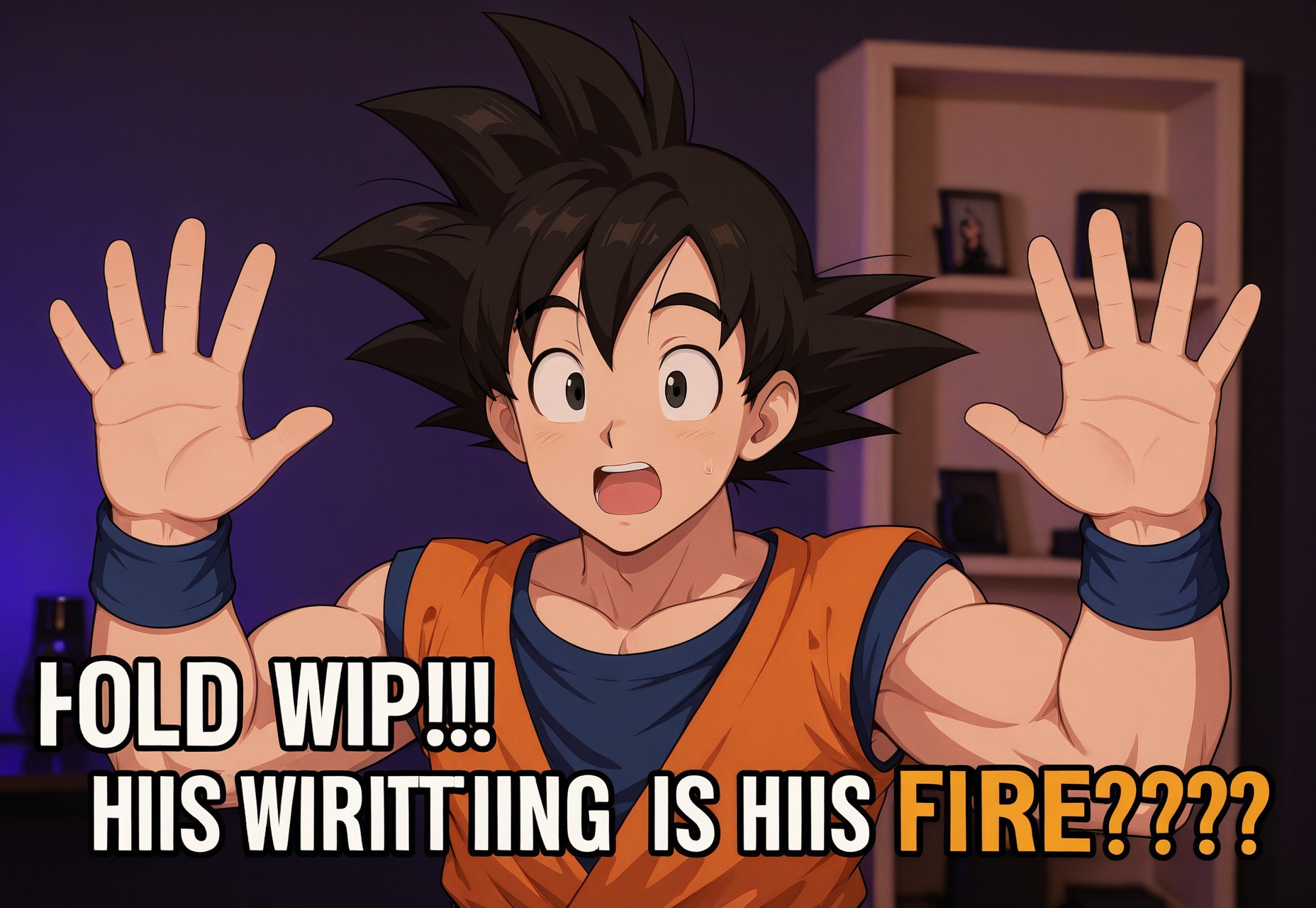 masterpiece, best quality,
1boy, son goku, f1rewr1ting, english text, photo background, looking at viewer, raised eyebrows, 
open hands, open mouth, upper body, hands up