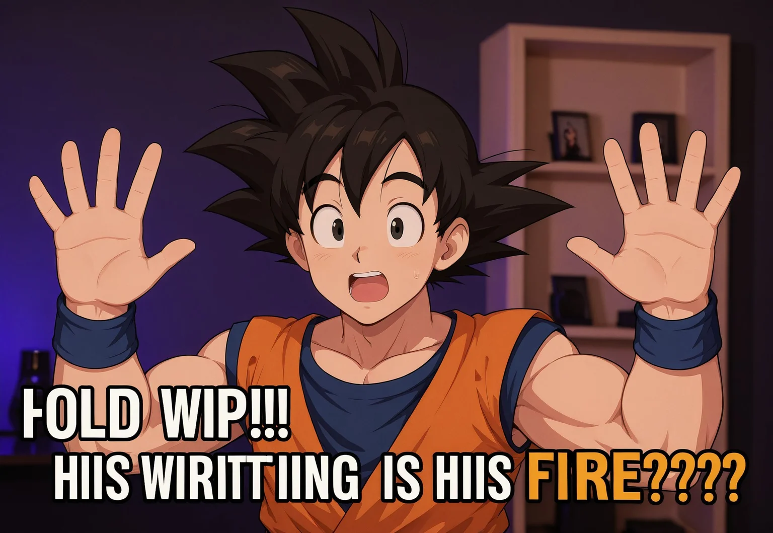masterpiece, best quality,
1boy, son goku, f1rewr1ting, english text, photo background, looking at viewer, raised eyebrows,
open hands, open mouth, upper body, hands up