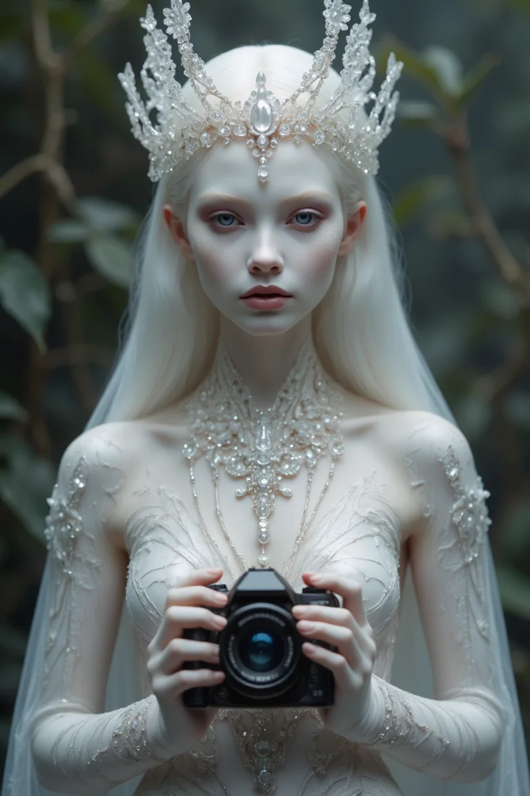mystic enchantress portrait photo of a doll with porcelain kintsugi skin, holding a photo camera, cracked skin, shattered porcelain skin, deep fine cracks, kintsugi, soft focus, half body editorial shot, detph of field, uncanny, long white hair, stunning perfect shining eyes, pale skin, shy smile, intricitaly hyperdetailed, amazing depth, expansive details, cracked surface, iridescent surface