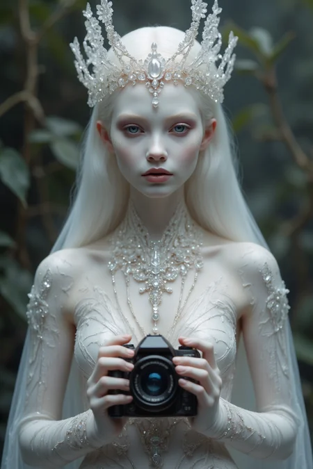 mystic enchantress portrait photo of a doll with porcelain kintsugi skin, holding a photo camera, cracked skin, shattered porcelain skin, deep fine cracks, kintsugi, soft focus, half body editorial shot, detph of field, uncanny, long white hair, stunning perfect shining eyes, pale skin, shy smile, intricitaly hyperdetailed, amazing depth, expansive details, cracked surface, iridescent surface