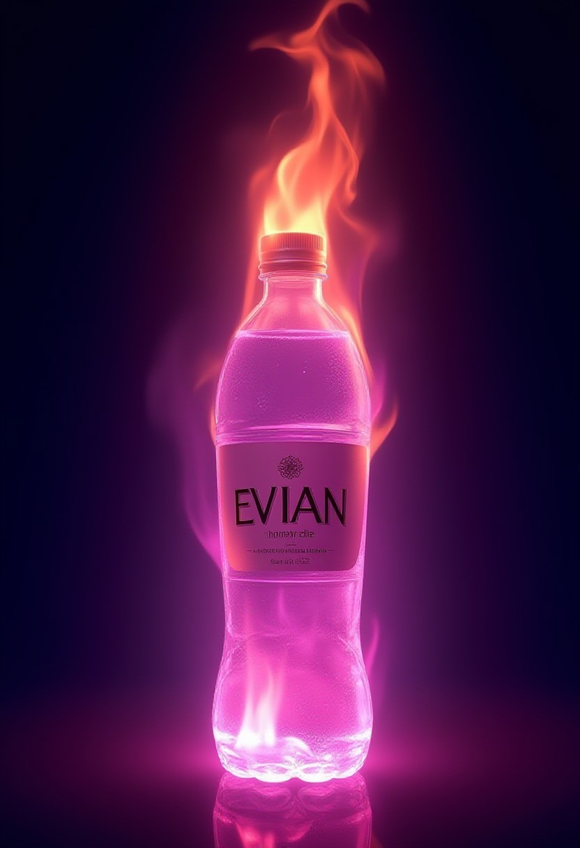 A a bottle of Evian mineral water engulfed in flames, concept art, masterpiece, perfect lighting, purple flames, 4k, absurdres,