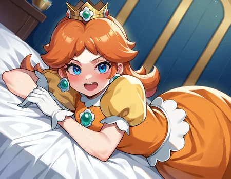 score_9, score_8_up, score_7_up, source_anime,
princessdaisy, <lora:princess-daisy-ponyxl-lora-nochekaiser:1>,
princess daisy, blue eyes, long hair, orange hair,
crown, daisy, dress, flower, gem, gloves, orange dress, puffy short sleeves, puffy sleeves, short sleeves, white gloves,
indoors, bed, bed room, on side, blush, drunk,
looking at viewer, cowboy shot, dutch angle,
