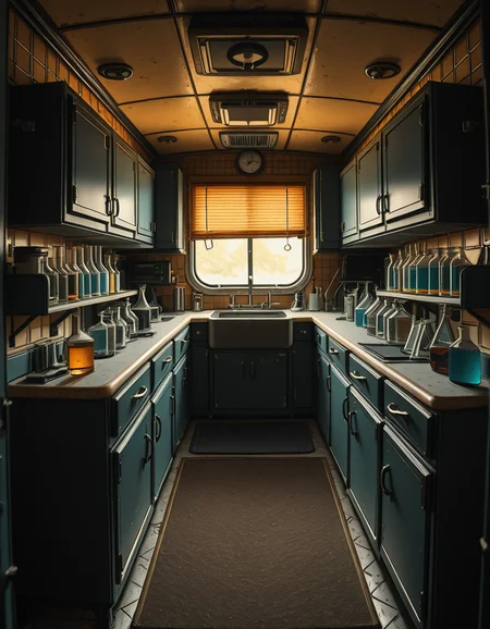 The interior of an old RV converted into a clandestine drug laboratory, inspired by the TV series Breaking Bad. The space is cramped and messy, filled with scientific equipment, glass beakers, flasks, burners, chemical containers, and lab tools scattered around. The walls are aged and stained, with peeling wallpaper and old metallic cabinets. A small sink area is cluttered with dirty lab glassware. The lighting is dim and tinted yellow, with sunlight barely filtering through dusty blinds. The floor is grimy, with a mix of rubber mats and worn carpet. The overall atmosphere is tense and gritty, capturing a sense of secrecy and danger. Hyper-realistic style, cinematic composition, rich in textures and shadows.
<lora:SDXLFaeTastic2400:0.4> <lora:extremely_detailed:0.4> extremely detailed,old RV drug l4b0r4t0ry, <lora:old_RV_drug_l4b0r4t0ry-i:1>, Masterpiece,best quality,hi res,8k,hi res,8k,award winning,(sharp focus, intricate, highly detailed),