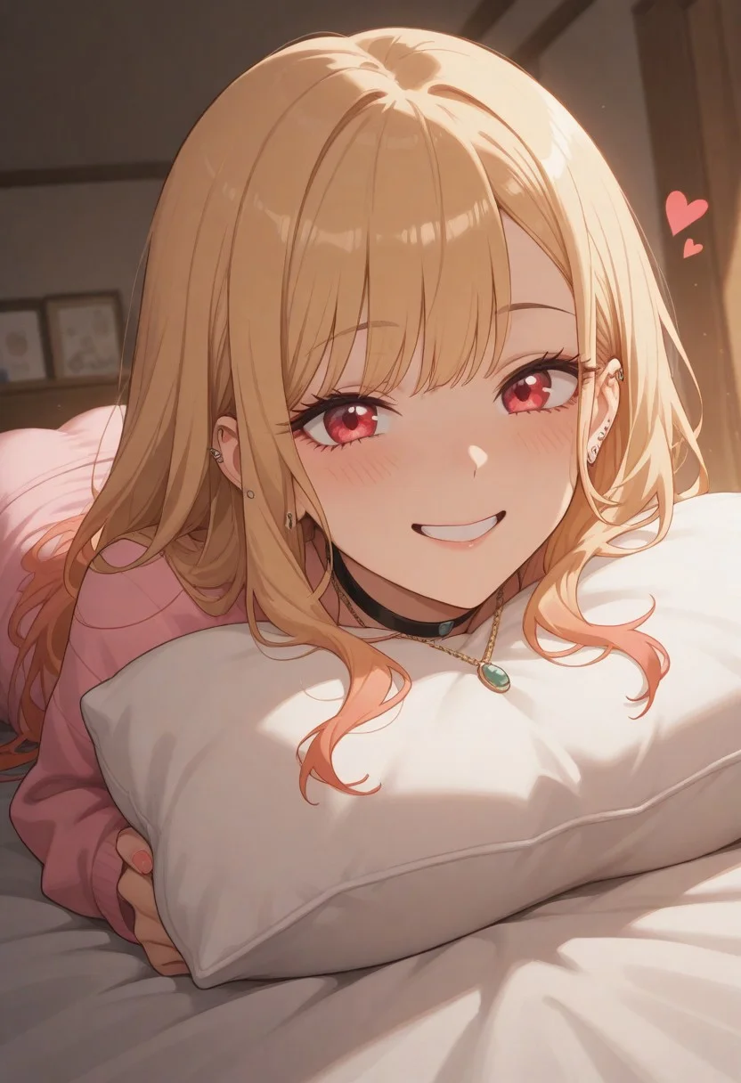 masterpiece, by piaki,  best quality, very detailed, 
1 girl, Marin Kitagawa, blonde hair, long hair, multicolored hair, red eyes, jewelry, earrings, ear piercing, necklace, choker, cute pyjama
Indoor, bedroom, laying on bed, laying on stomach, face in pillow, very happy, grinning, hearts, sideview, looking at viewer,