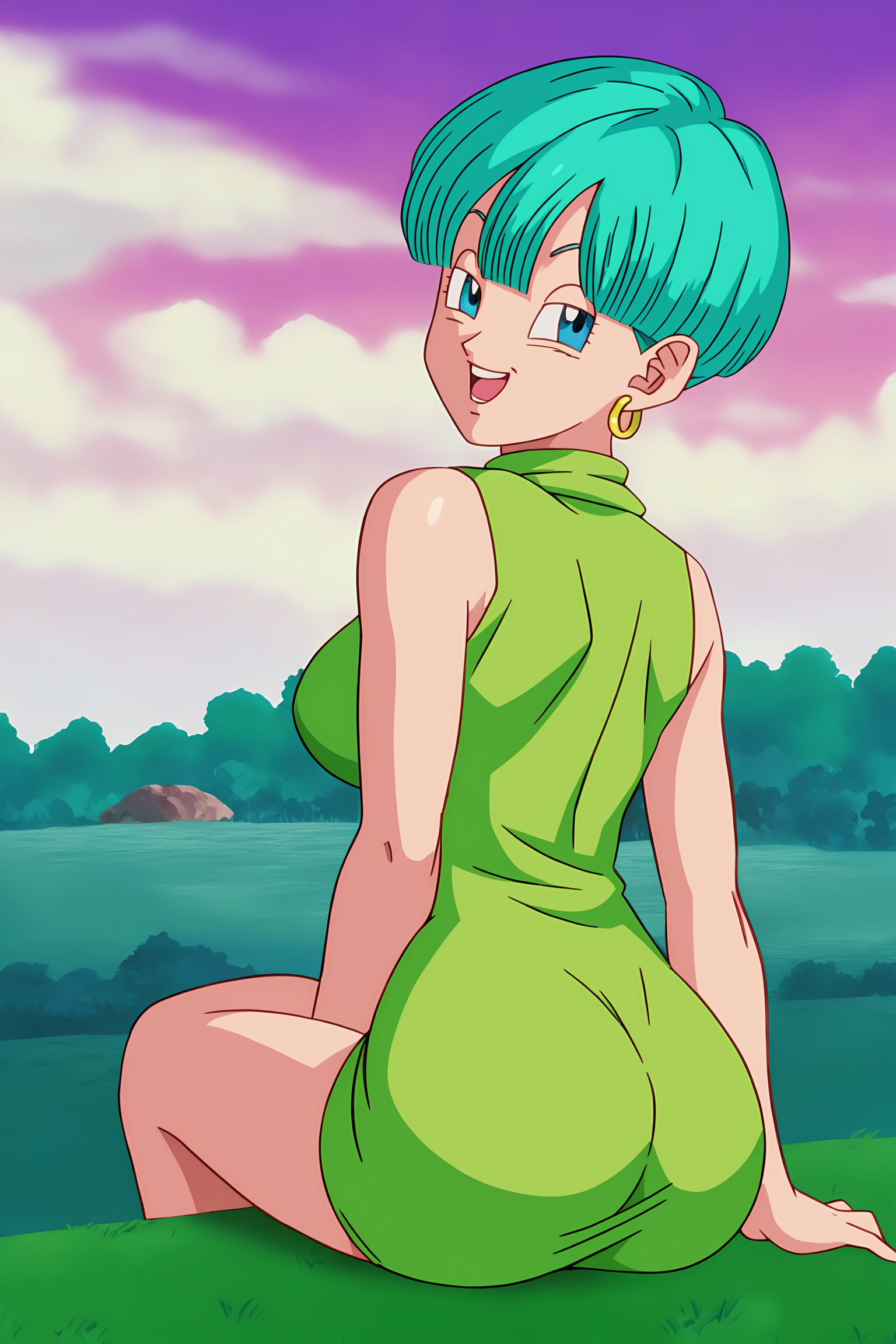 source_anime, score_9, score_8_up, score_7_up, anime screencap, absurd res, high quality,
bulma, DBZ, green buu saga outfit, buu saga, official style, 1girl, solo, looking at viewer, smile, short hair, open mouth, blue eyes, ass, half-closed eyes, teeth, sitting, hoop earrings, outdoors, sky, bare legs, day, looking back, cloud, from behind, blue sky, aqua hair, sleeveless dress, cloudy sky, grass, green dress, bowl cut, bare arms
<lora:DB_Bulma_v2-000046:0.8>