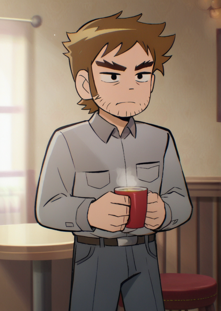 score_9, score_8_up, score_7_up, score_6_up, source_anime, zPDXL, BREAK
<lora:Scott_Pilgrim_Takes_Off:1> scottp, sketch, anime coloring, 1boy, solo, stephen, short hair, brown hair, facial hair, beard stubble, thick eyebrows, business-casual  gray dress pants, light gray blazer, dress shirt, brown brogues ,clarks, , enjoying tea, peaceful,